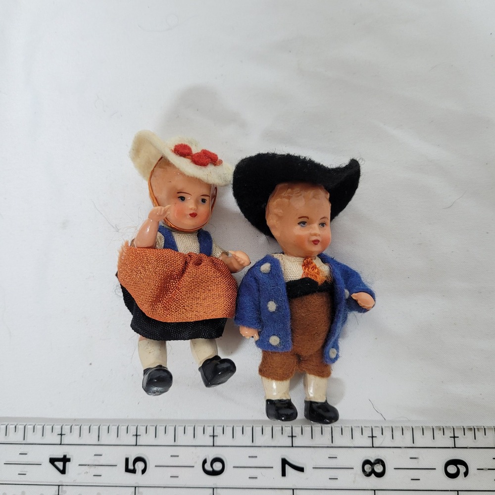 Vintage Miniature Celluloid Dolls Pair European Folk Costume Articulated 2.5"